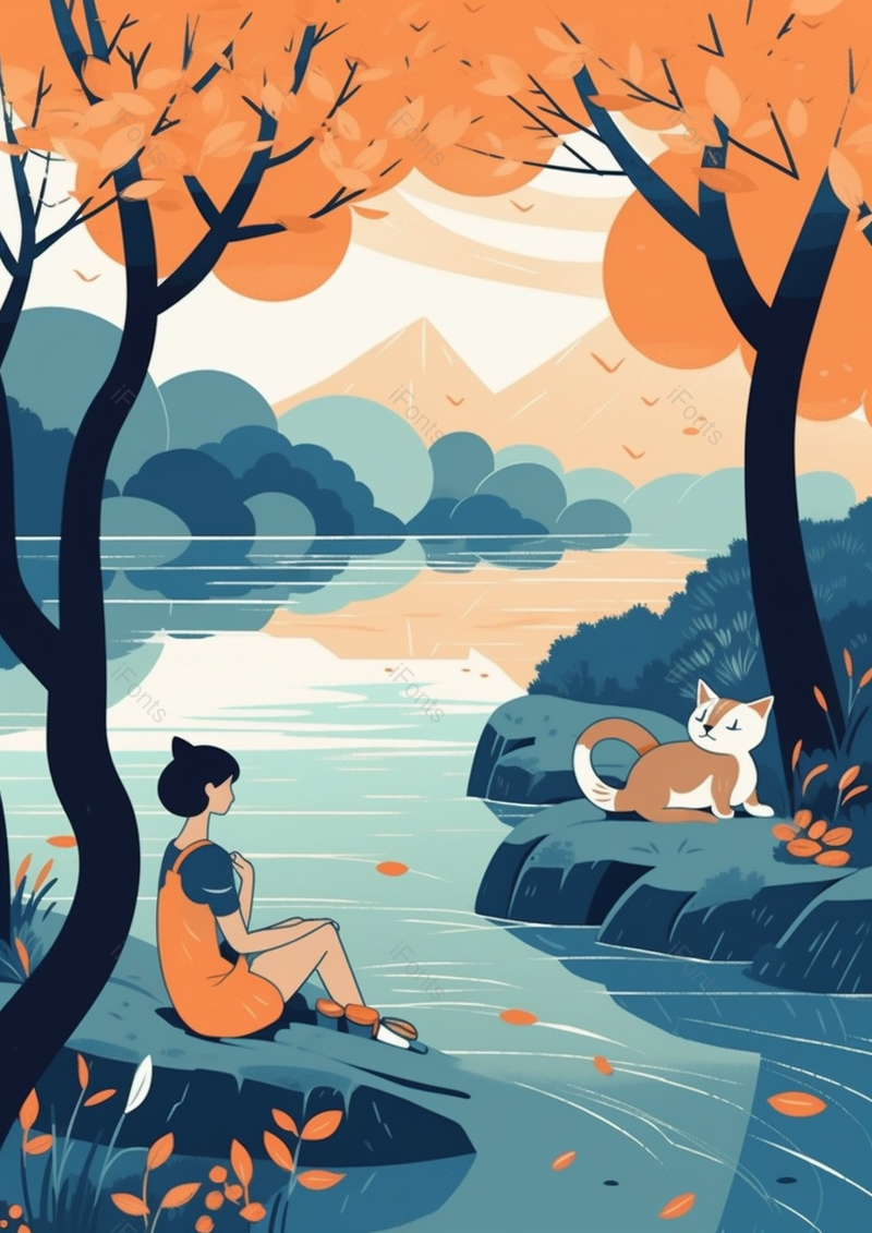 秋天风景女孩和小动物插画背景,插画/手绘图,插画/手绘图库,插画/手绘图下载,插画/手绘